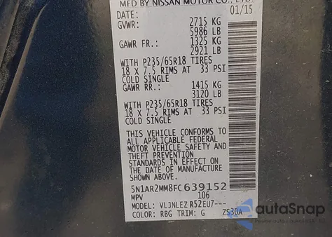 2015 Nissan Pathfinder Sv из США, поврежденный, VIN 5N1AR2MM8FC639152